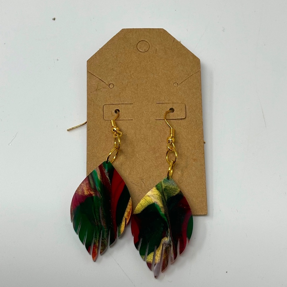 Handmade Christmas Acrylic Dangle Drop Earrings Red Green White Laser Cut Leaf